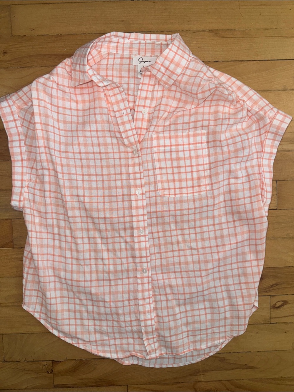 Japna Coral and White Plaid Short Sleeve Button-Up Shirt